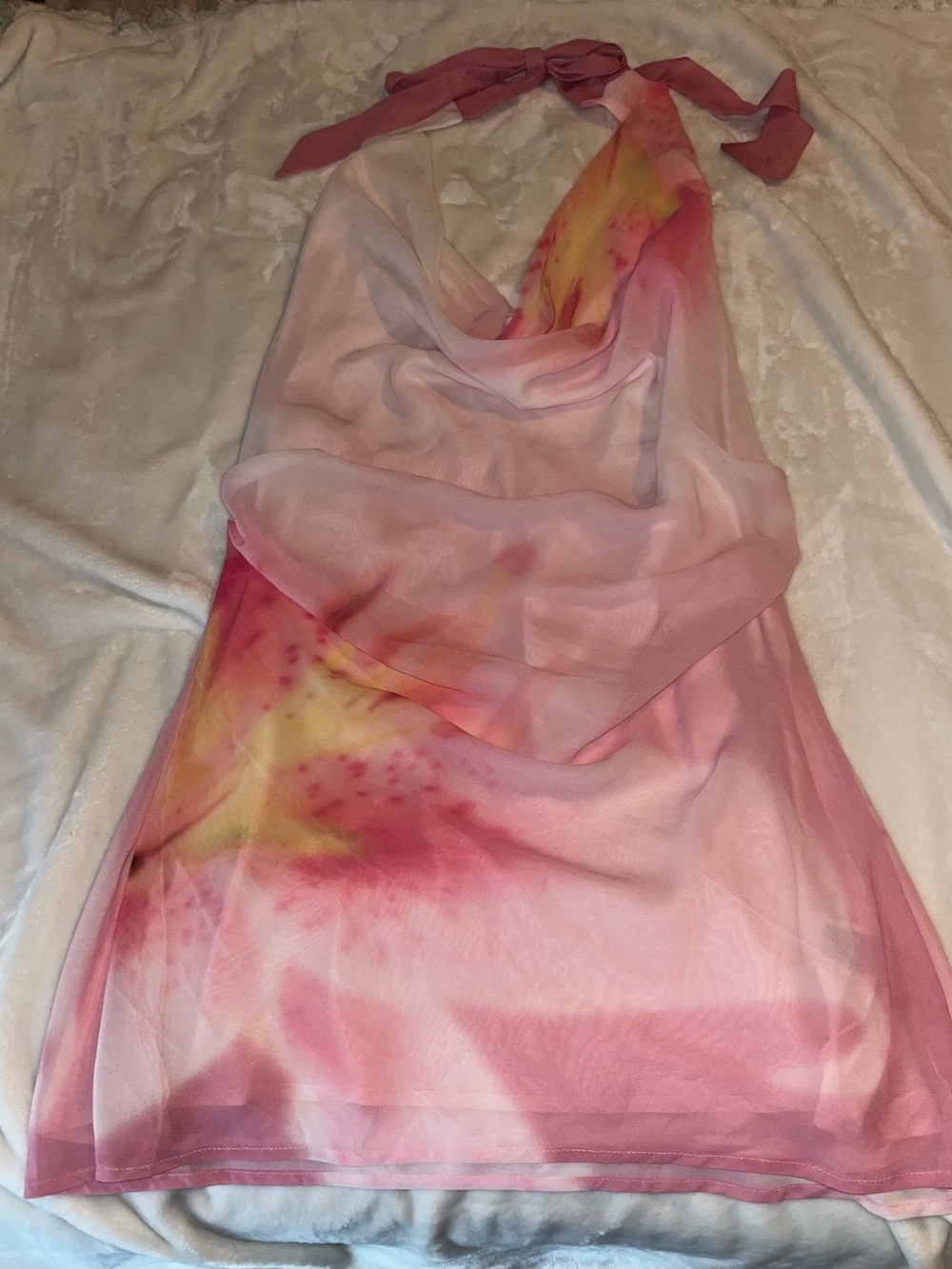 Pink & Yellow Halter Tie-Dye Sheer Halter Dress